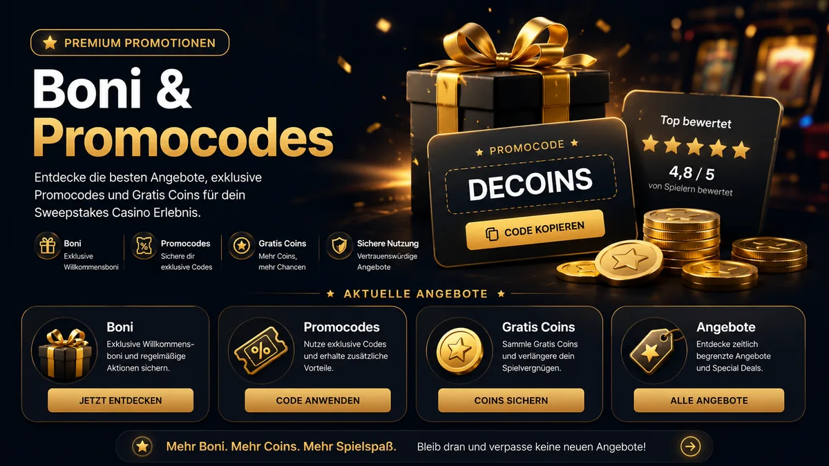 Boni und Promocodes im Sweepstakes Casino Deutschland – Willkommenspakete und Gratis Coins im Überblick