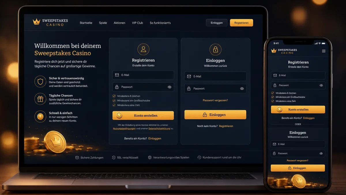 Registrierung und Login im Sweepstakes Casino – kostenloses Konto erstellen und sicher anmelden
