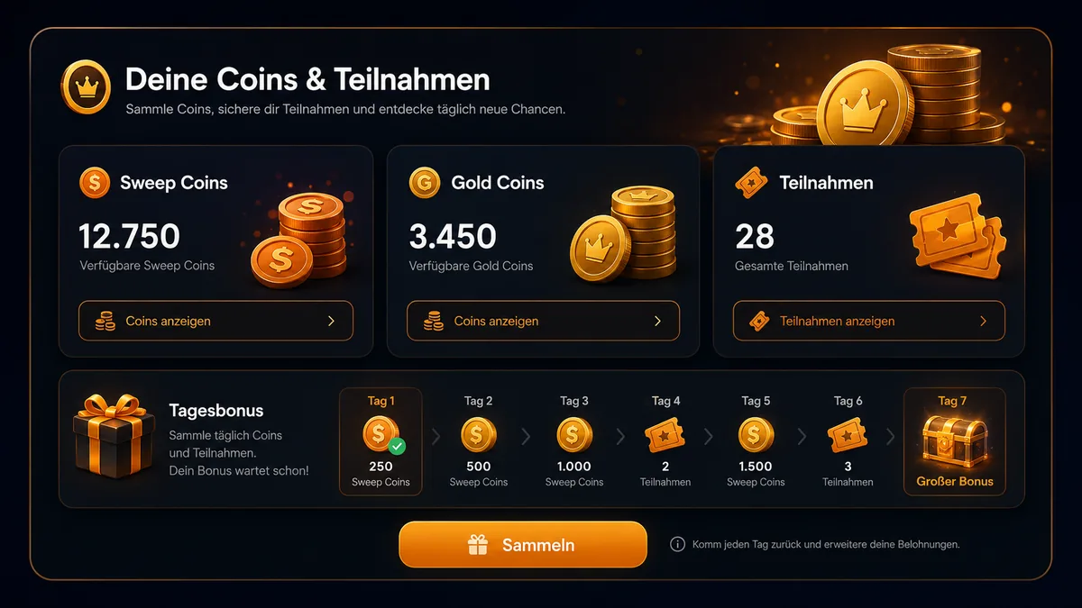 Sweep Coins und Gold Coins im Sweepstakes Casino – Münzsystem und tägliche Teilnahmen