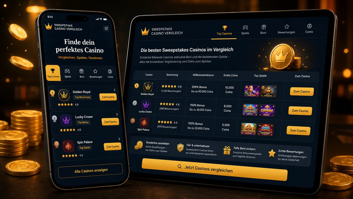 Sweepstakes Casino Vergleich auf Desktop und Smartphone – unabhängige Redaktions-Testübersicht